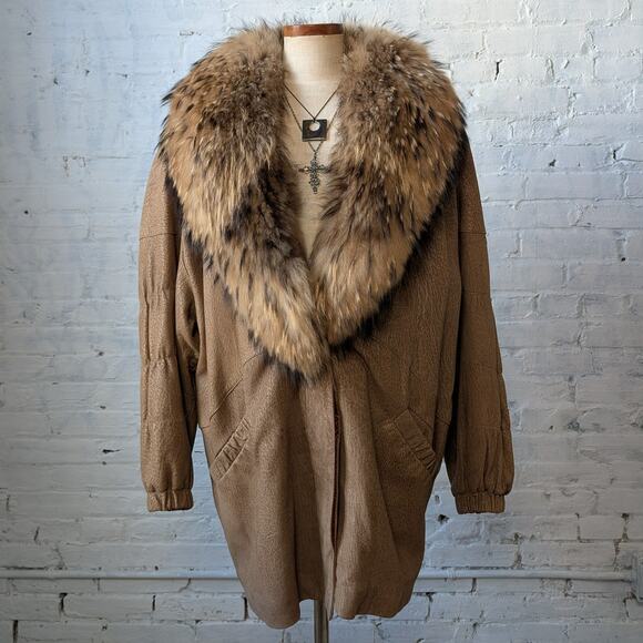 Vintage Jackets & Blazers - Vintage Tan Genuine Suede Raccoon Fur Trim Coat Leather Mini Trench Jacket